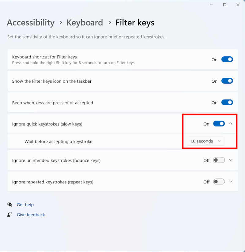 Click the toggle switch to enable Ignore quick keystrokes. Click the down arrow to set your own time limit.